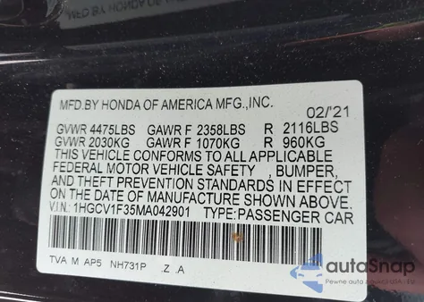 2021 Honda Accord Sport z USA, uszkodzony, nr VIN 1HGCV1F35MA042901